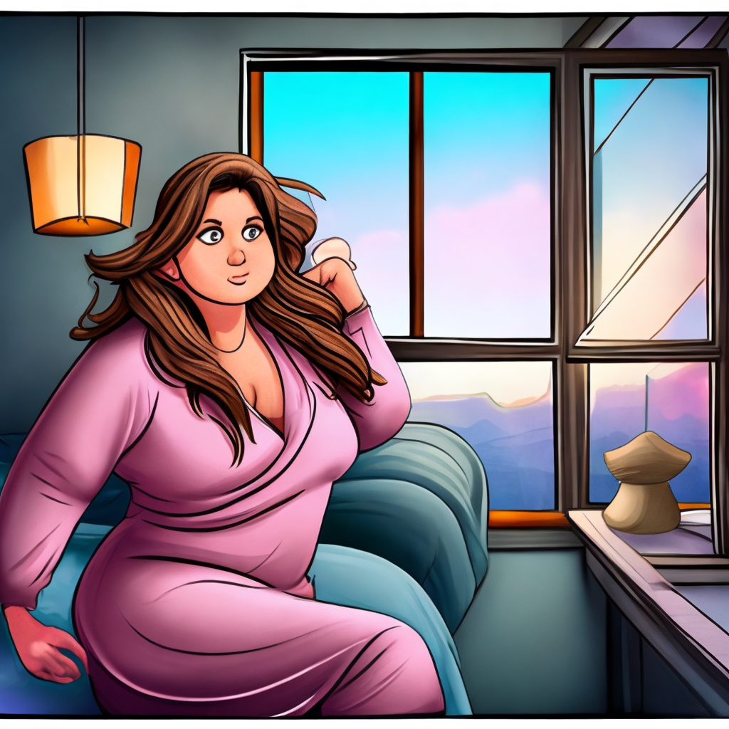 A cute cartoon of a curvy brunette woman with long wavy hair and highlights, wearing a dusty pink pajama set, waking up in the morning by a large window in a cozy bedroom. 