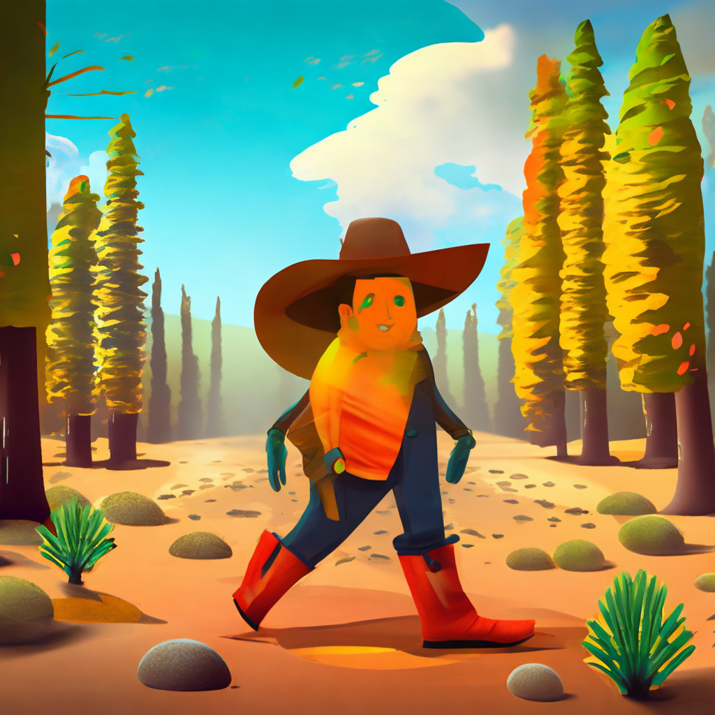 “Generate a fantastic image of a character that represents an orange with arms and legs. The character is wearing moon boots with pronounced soles and a big cowboy hat. The character is walking through a forest of sequoia trees on an autumn day. The ground is covered with dry leaves and the sun rays filter through the high tree leaves. The image should be a drawing and should not include photographic parts. The character should be happy and smiling while walking.”