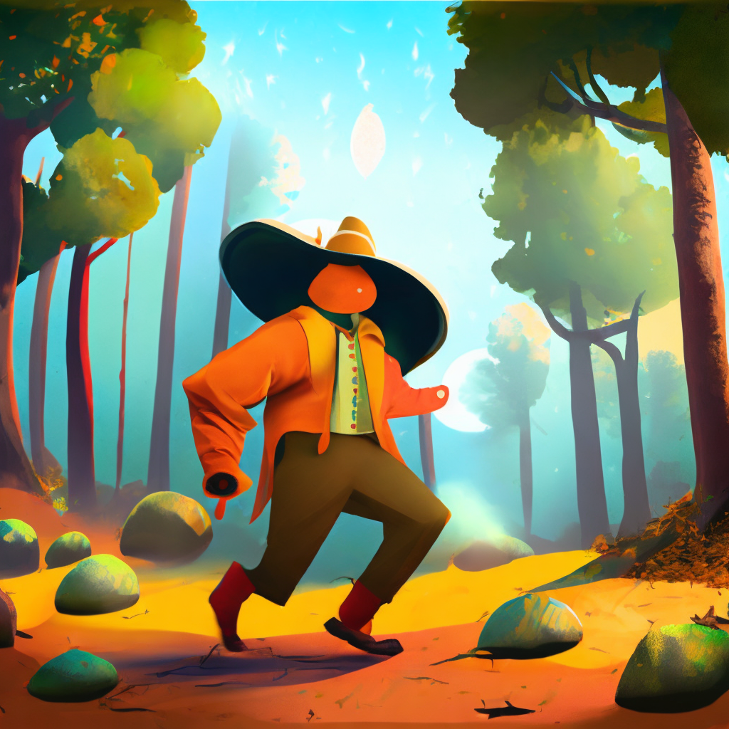 “Generate a fantastic image of a character that represents an orange with arms and legs. The character is wearing moon boots with pronounced soles and a big cowboy hat. The character is walking through a forest of sequoia trees on an autumn day. The ground is covered with dry leaves and the sun rays filter through the high tree leaves. The image should be a drawing and should not include photographic parts. The character should be happy and smiling while walking.”