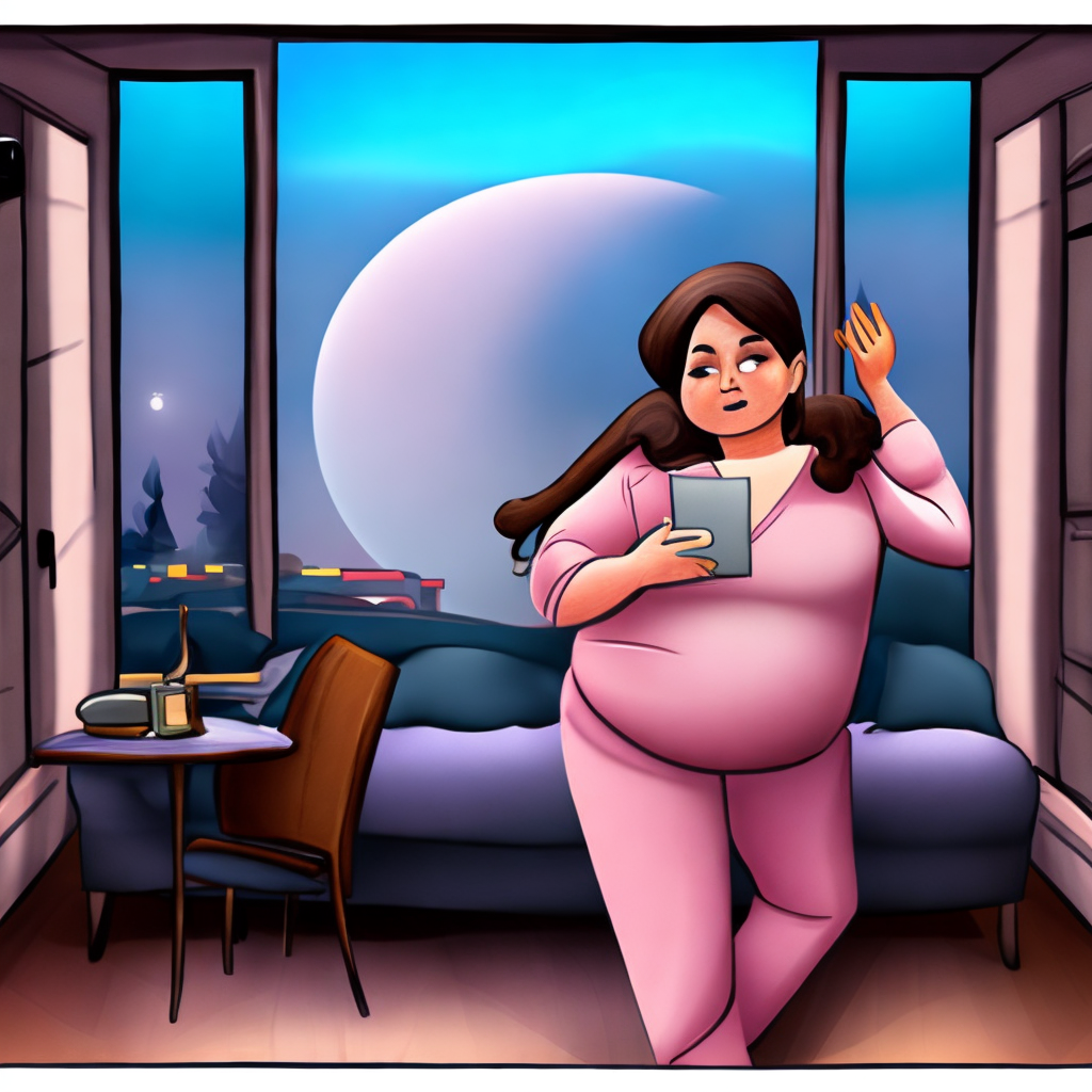 A simple style cartoon of a Curvy Brunette Woman wearing a dusty pink pajama set, going to bed next to a big window where you can see the full moon during the night inside a cozy bedroom. 
