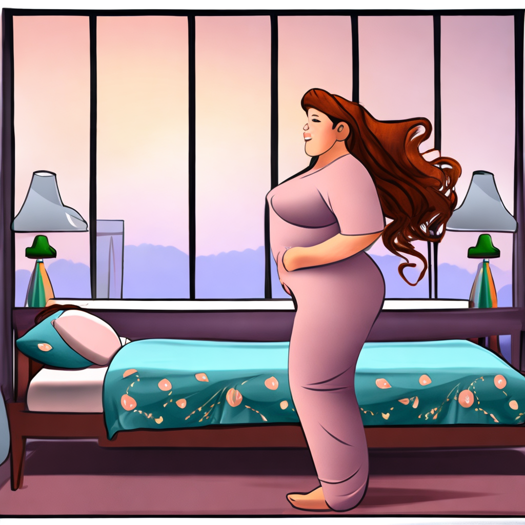 A simple style cartoon of a Curvy Brunette Woman wearing a dusty pink pajama set, laying down a bed next to a big window where you can see the full moon during the night inside a cozy bedroom. 