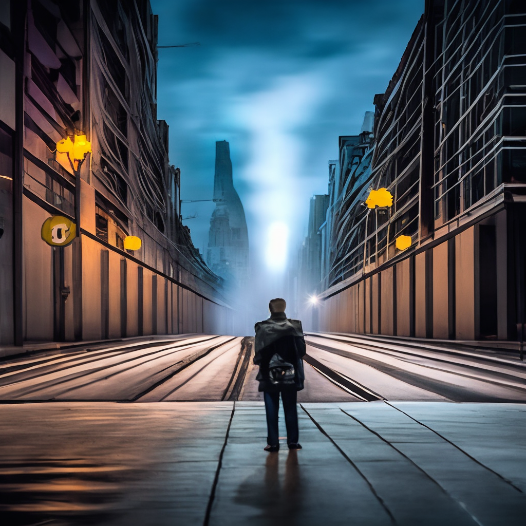 "Lost in the city lights, searching for solace. Finding comfort in the rhythm of the night. A story of struggle and triumph, captured in a single moment." In the photo, we see a lone figure standing amidst the bustling city streets, with a look of determination and resolve in their eyes. The city lights blur and swirl around them, creating a backdrop of energy and excitement. But despite the chaos, they remain focused, finding peace and comfort in the rhythm of the hip hop beat. This photo captures the essence of the journey towards success and fulfillment, a journey that is both challenging and rewarding.::