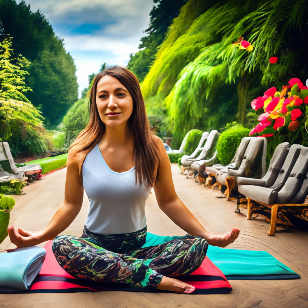 Brunette woman  with long wavy hair, breathing deep and slowly, with on hand on top of her chest and the other on top of her belly, sitting on a yoga mat in a beautiful garden.