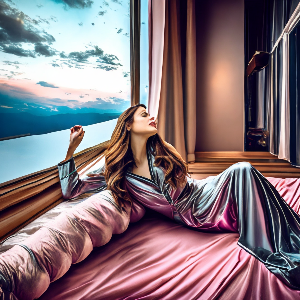 Brunette woman  with long wavy hair, wearing a dusty pink satin pajama set, laying on the bed, next to a window where you can see a dark starry night sky 