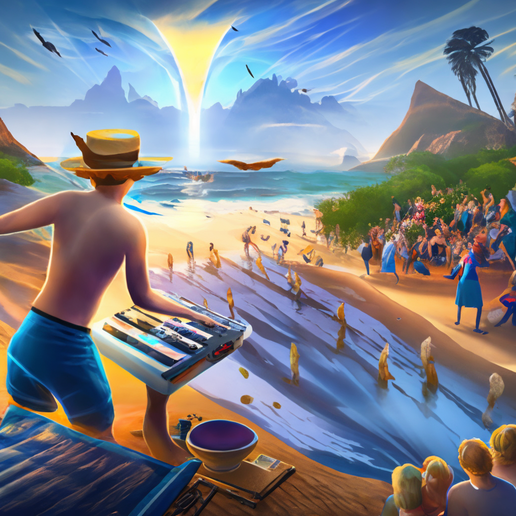 a dj playing on the beach in sunset time blue water people dancing 