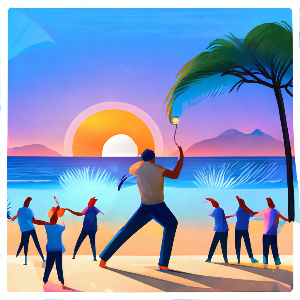 a dj playing on the beach in sunset time blue water people dancing 
