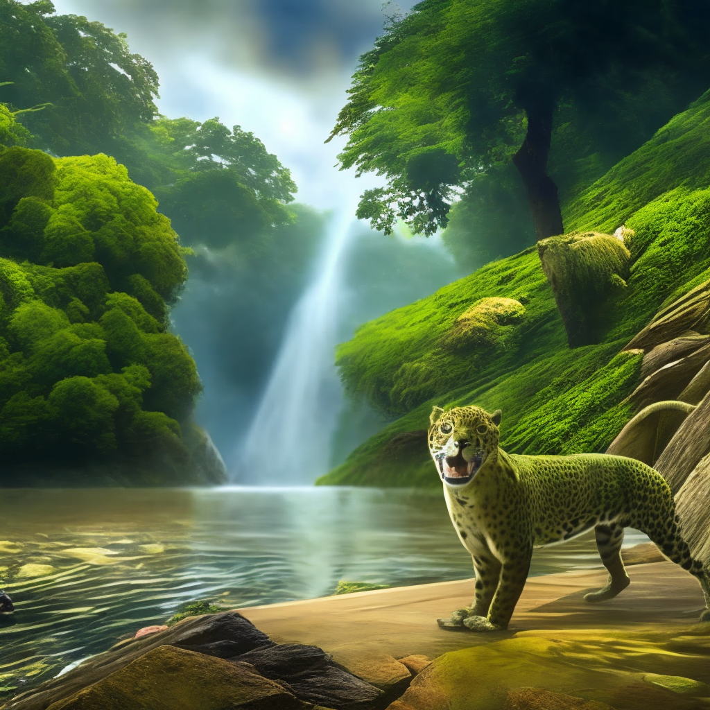 a jaguar in the green jungle full of nature birds monkeys with a river full hd 8k realistic 