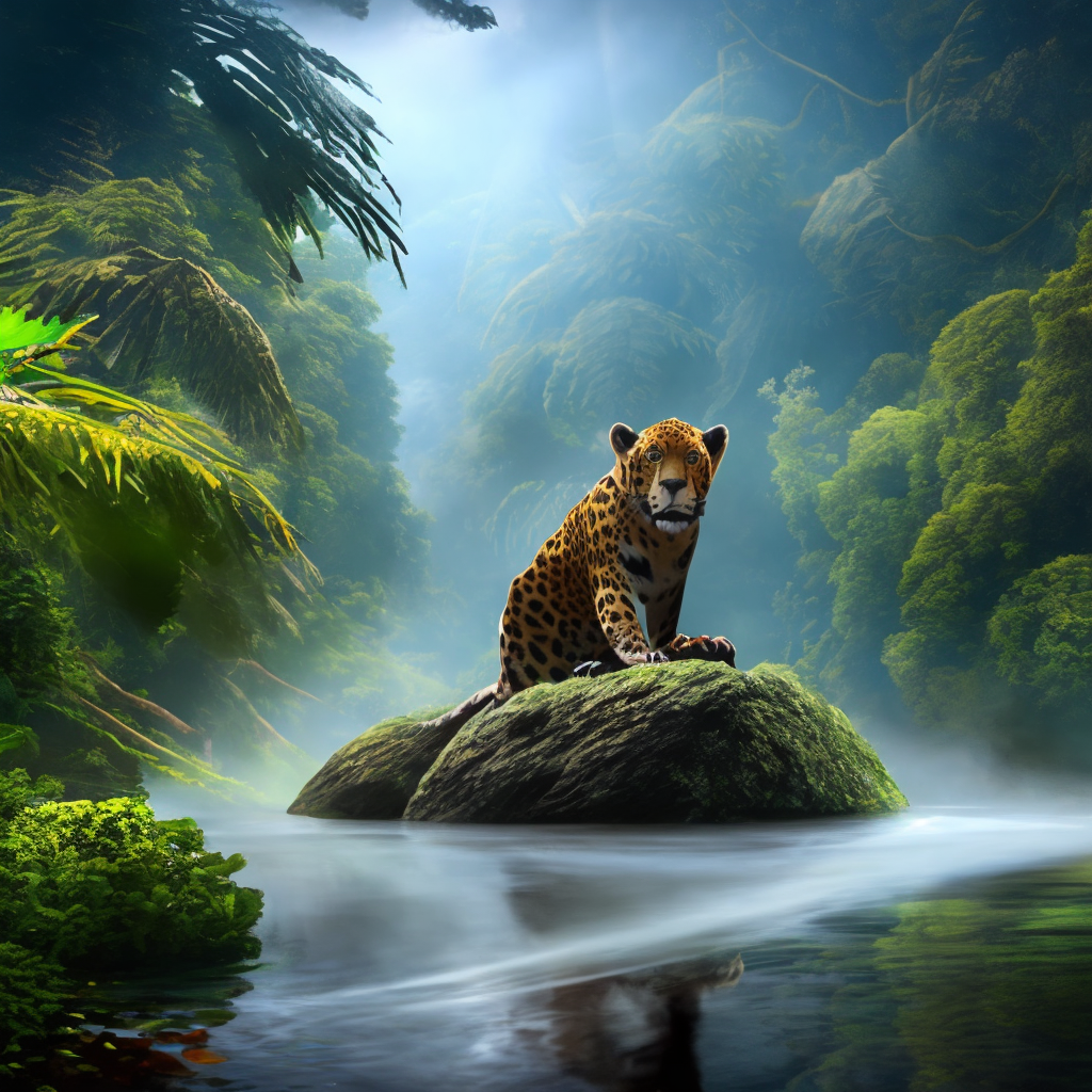 a jaguar in the jungle full of nature birds monkeys with a river full hd 8k realistic 