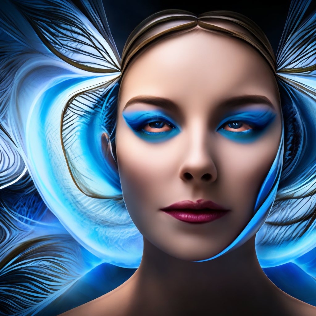 a dreaming woman's face. azure, organism, iris, eyelash, art, electric blue, portrait, pattern, circle, visual arts, dreaming, 8k.
