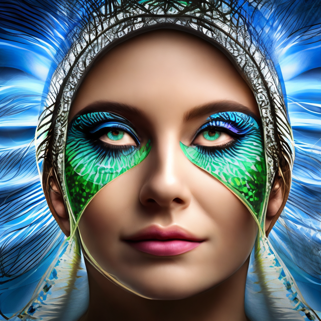 a dreaming woman's face with green eyes, organism, iris, eyelash, art, electric blue, portrait, pattern, circle, visual arts, dreaming, 8k.