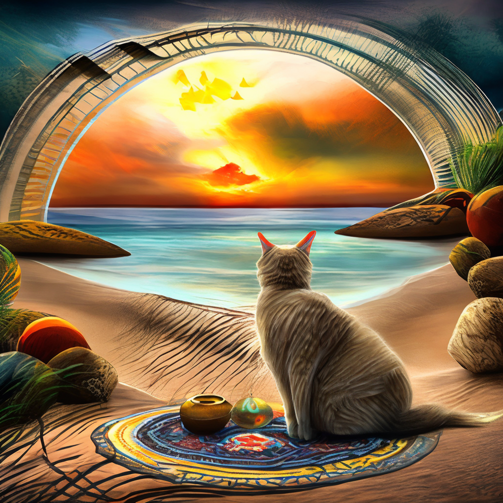a dreaming cat  with long  blonde hair, on the beach, sunset, pattern, circle, visual arts, dreaming, 8k, full hd, realistic, cinematic 