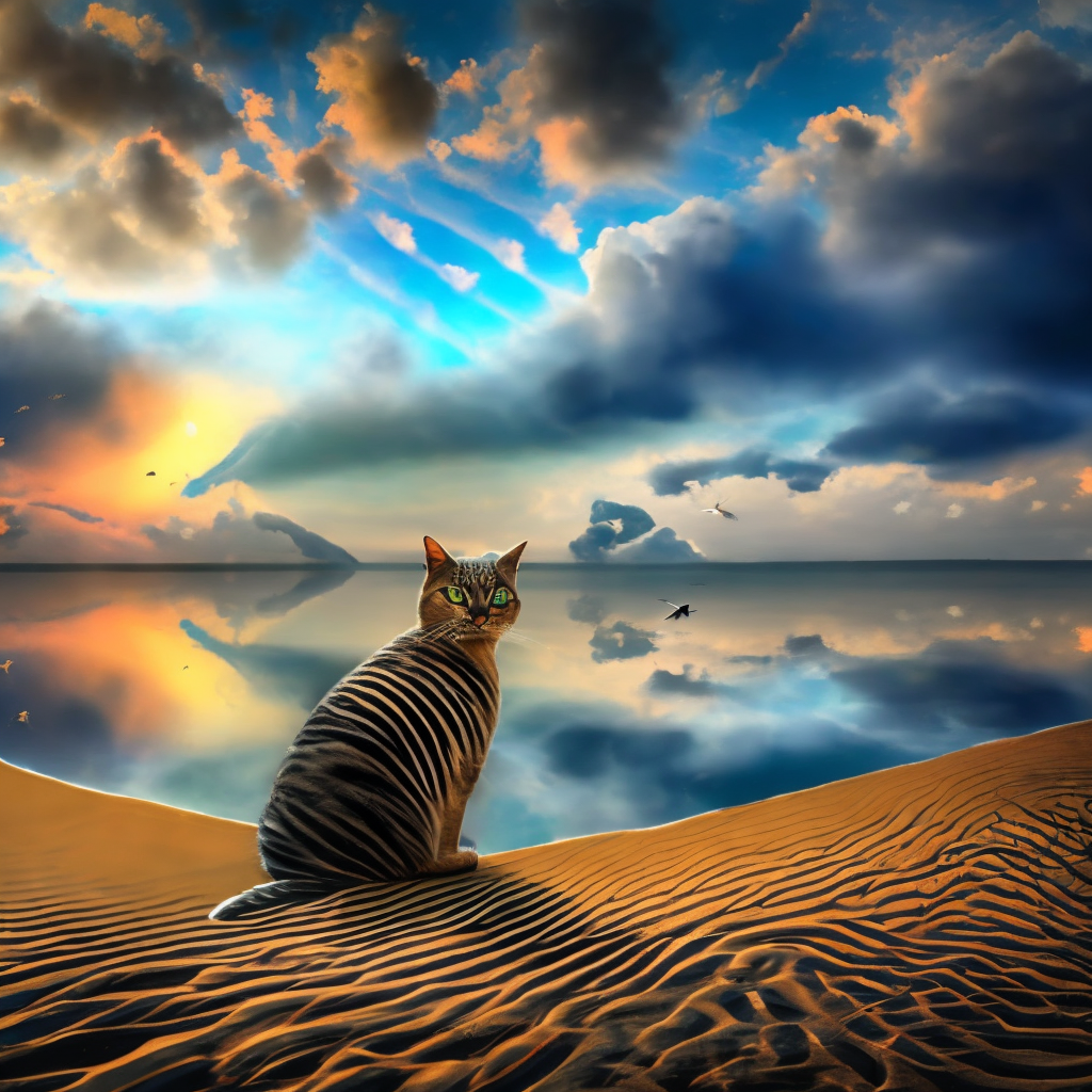 a dreaming cat with blonde hair, on the beach, sunset, birds flying, blue water, pattern, circle, visual arts, dreaming, 8k, full hd, realistic, real, cinematic, cosmic. 