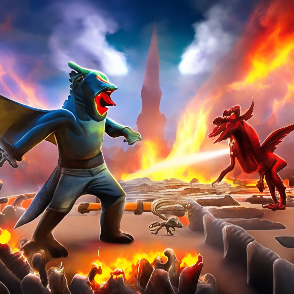 A demon and dinosaurs fire fighting
