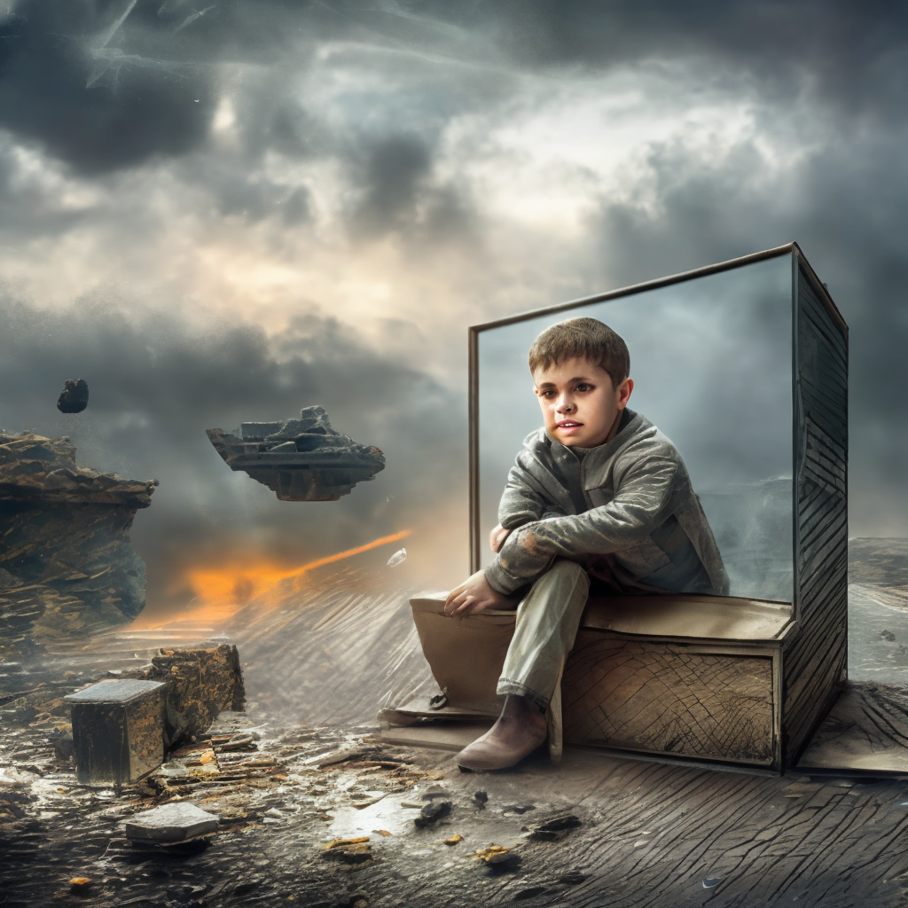 cracked Glas box in a broken glass box Inside the glass box, little boy sits on a rock in a field, Intricate portrait of small alone boy who is terrified. a destroyed city in, soldiers, tanks, bomber planes. mist, smoke, rain! Hyper-detailed, 8k