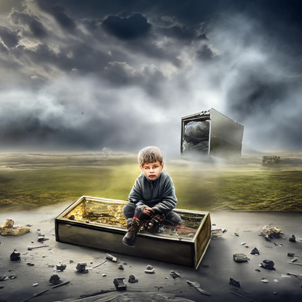 cracked Glas box in a broken glass box Inside the glass box, little boy sits on a rock in a field, Intricate portrait of small alone boy who is terrified. a destroyed city in, soldiers, tanks, bomber planes. mist, smoke, rain! Hyper-detailed, 8k