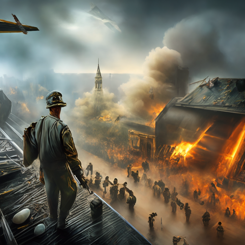 Hyper-detailed, 8k, photorealistic, intricate, masterpiece, by Ruan Jia, WLOP, Gregory Manchess, James jean, by Android jones, life before war in a glass box. war in a in a beautiful glass box Inside destroyed city in war, soldiers, burning ukraine flag, tanks, bomber planes. mist, smoke, rain! Hyper-detailed, 8k, photorealistic, intricate, masterpiece, by Ruan Jia, WLOP, Gregory Manchess, James jean, by Android jones
