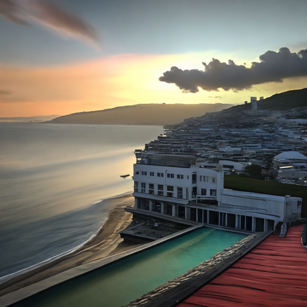 city near the ocean at time of sunset