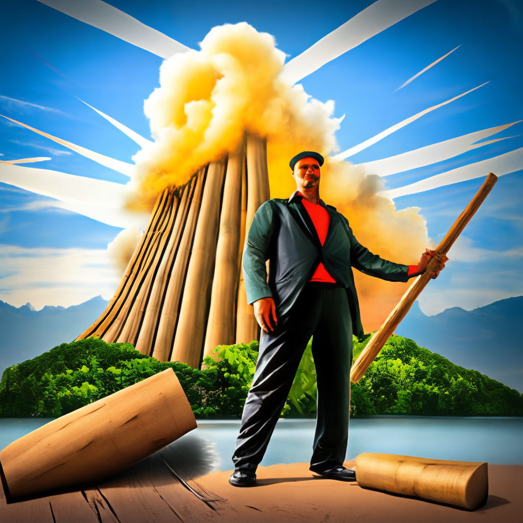 A big man destroyed the world,  hand in big bamboo 