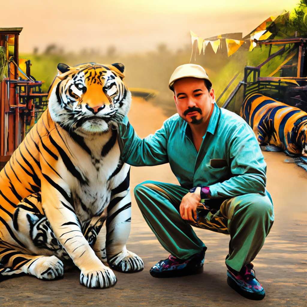 A small tiger sit Down front of big cat 