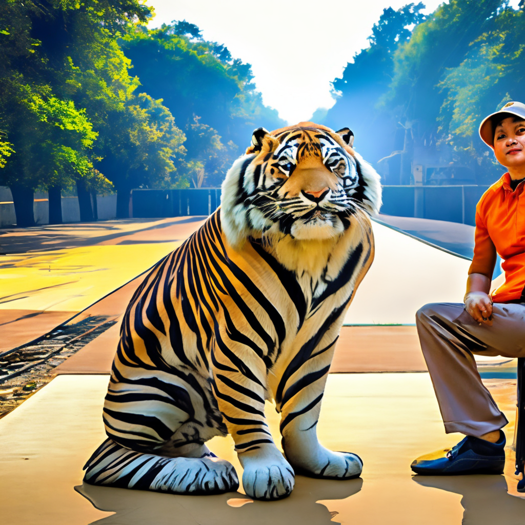 A small tiger sit Down front of big cat 