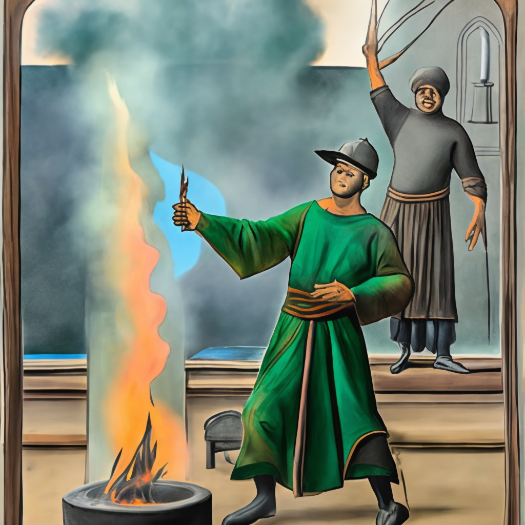 A soccerer wearing green and doing black magic in a fire where an hand in coming out of the fire. soccerer is sitting alone