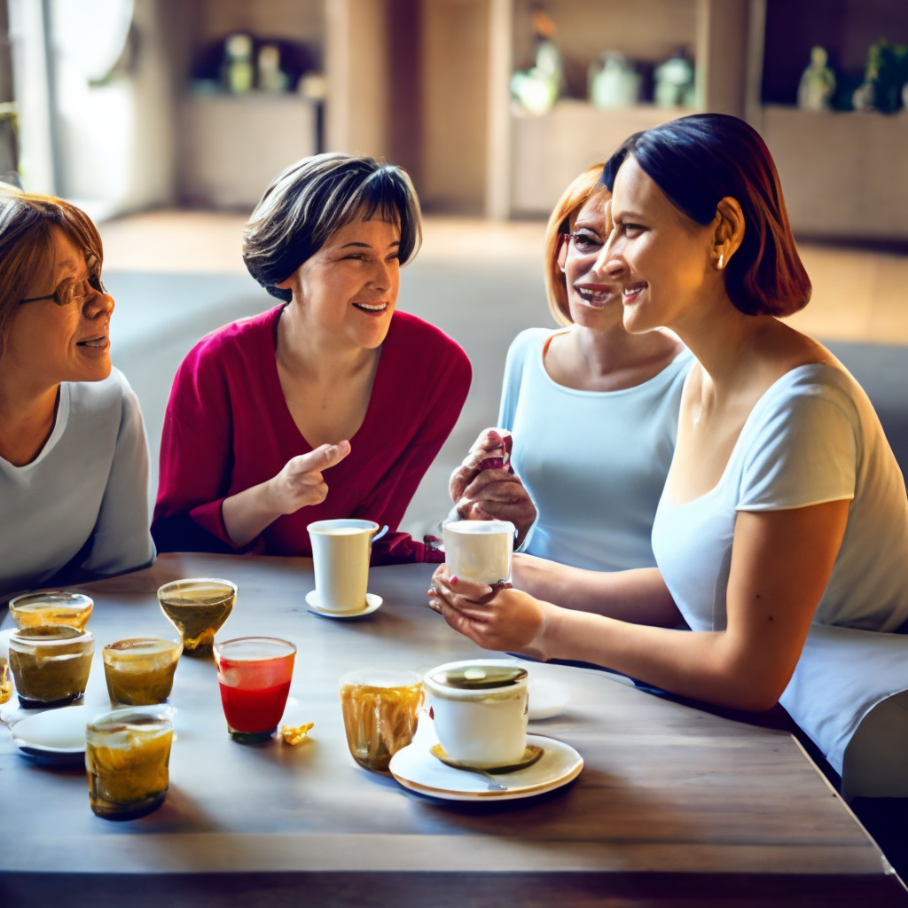 4 women drinking tea and discussing with each other