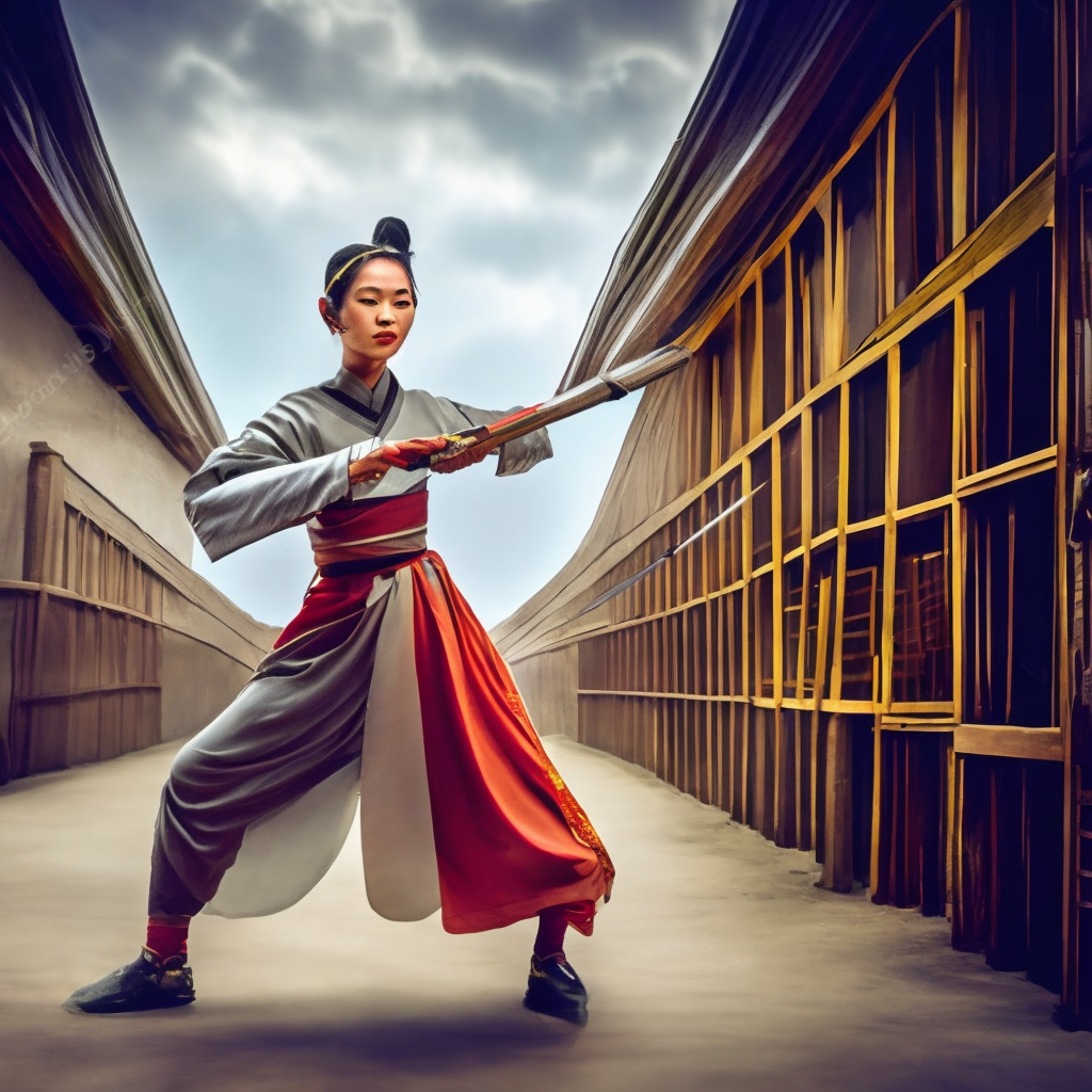 A young, beautiful Asian warrior in traditional Chinese clothes trances with a spear.