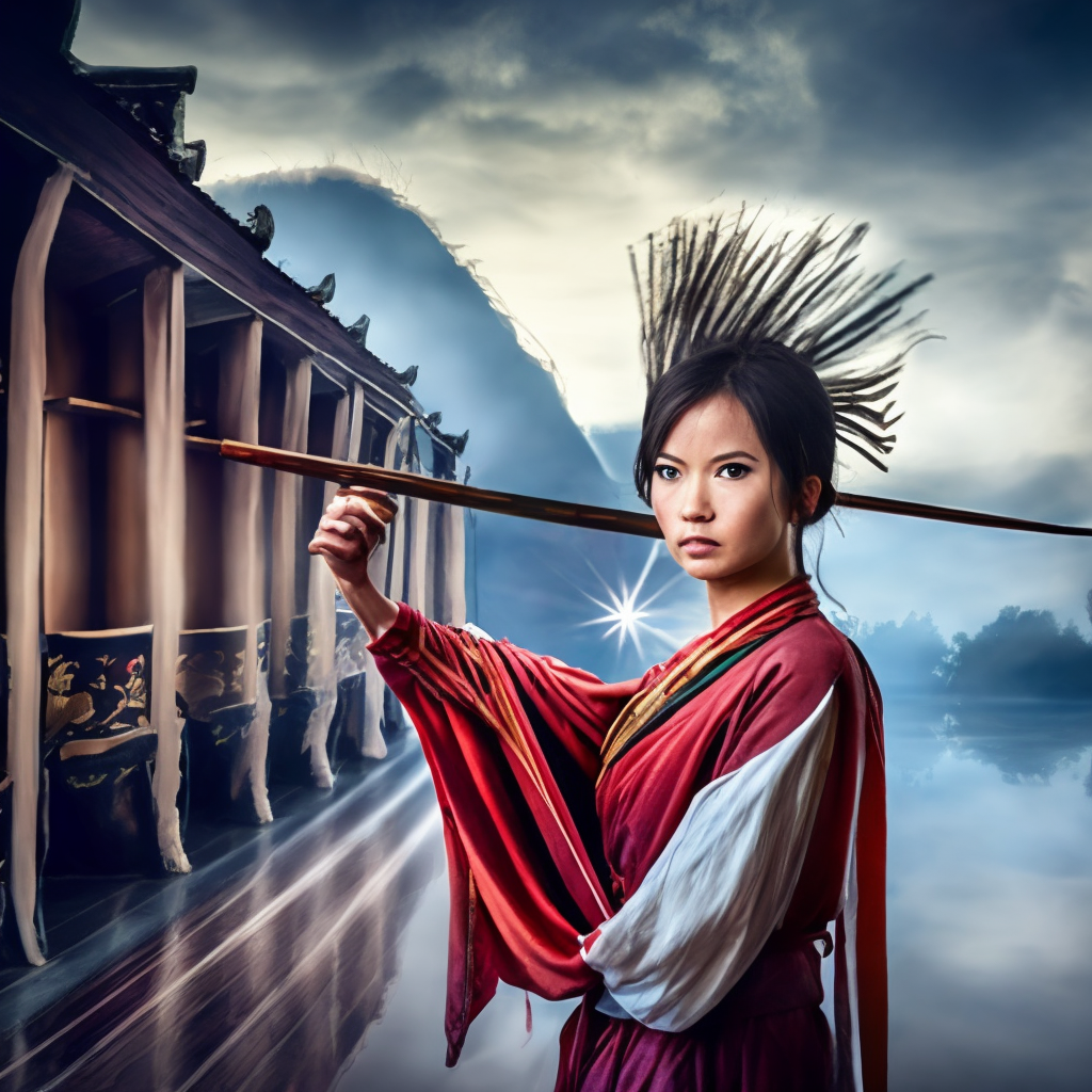 A young, beautiful Asian warrior in traditional Chinese clothes trances with a spear.