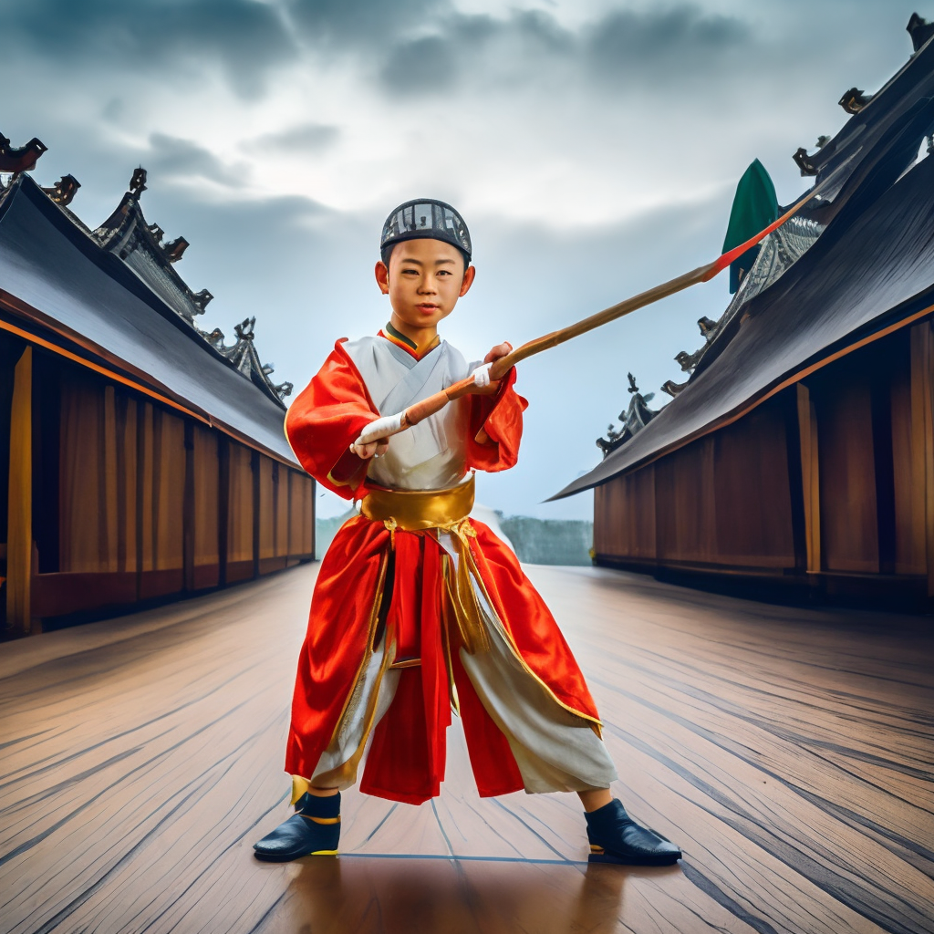 A beautiful young Asian warrior boy in traditional Chinese costume practicing with a spear.