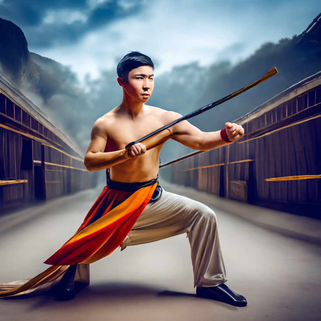 a young beautiful Asian male warrior in traditional Chinese costume practicing with a spear.