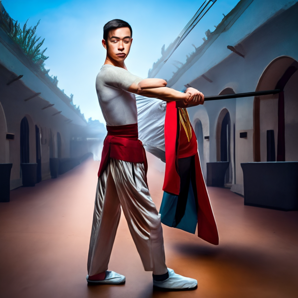 a young beautiful Asian male warrior in traditional Chinese costume practicing with a spear.