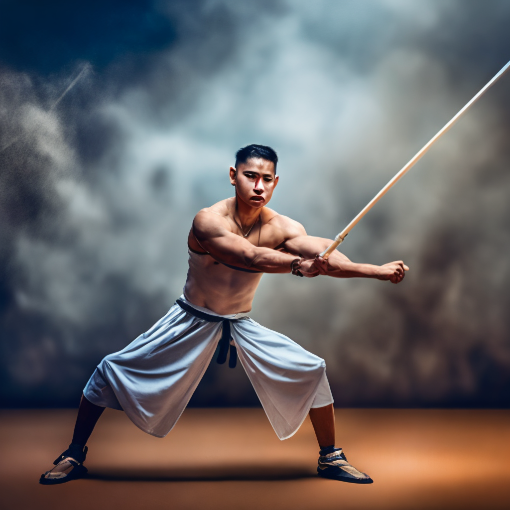 young beautiful Asian male warrior training with a spear.