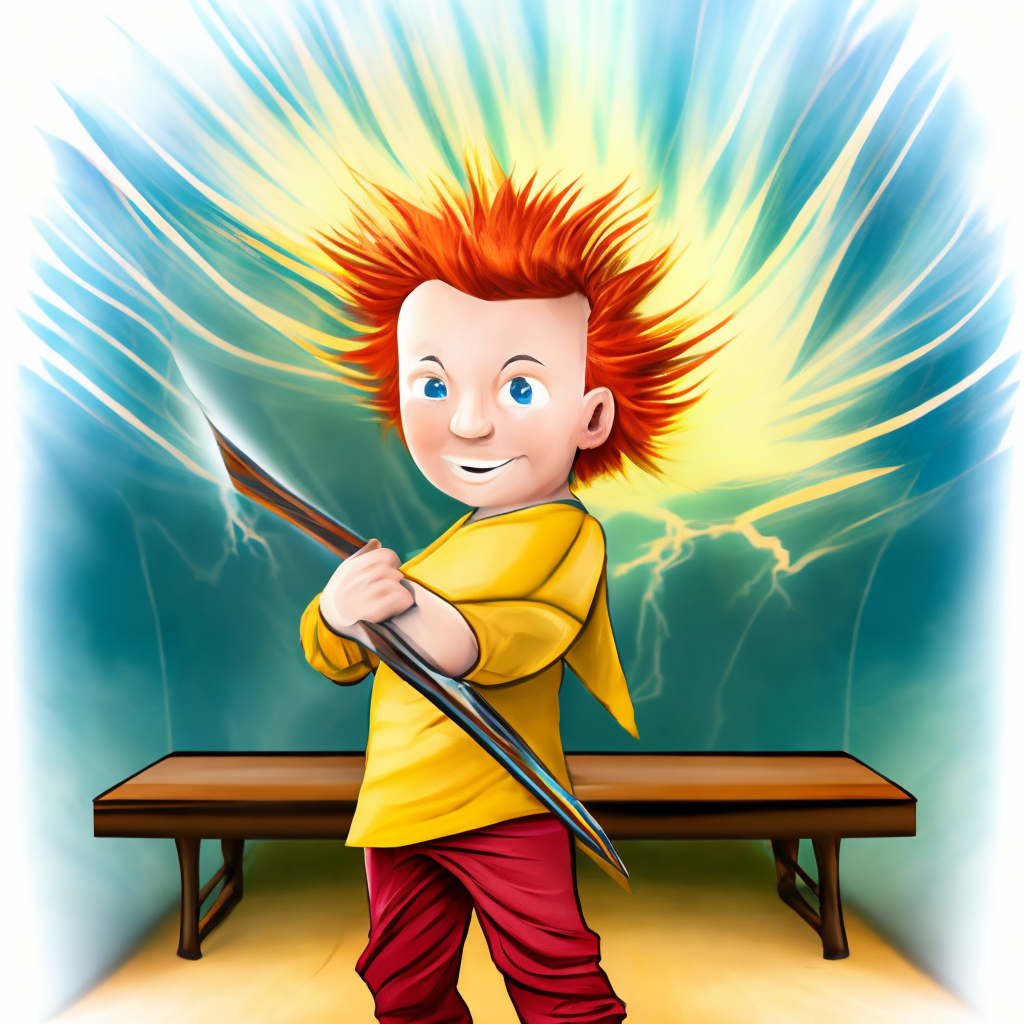 A boy with hello hair wearing yellow lightning colour holding a sword 