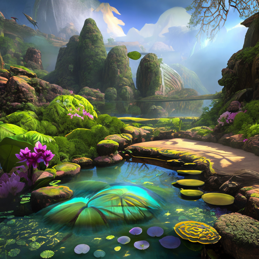 Tropical flower garden, oasis, stream, pond, lilly pads, lotus flowers, orchids, a rocky mountain range of New Europa, Terraformed Landscape, Roger Dean