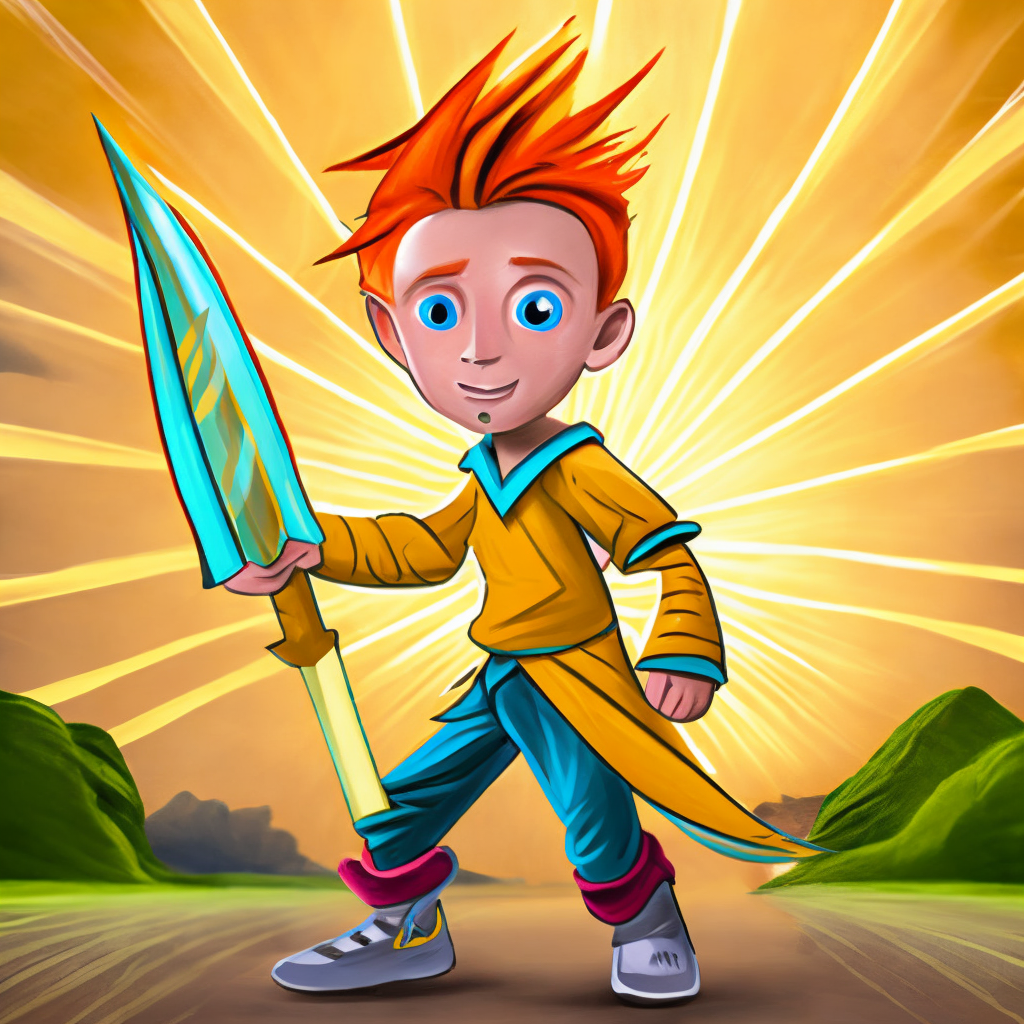 A boy with hello hair wearing multicolored lightning color holding a rainbow-colored sword. Change the hair to be multicolored and add a rainbow-colored sword