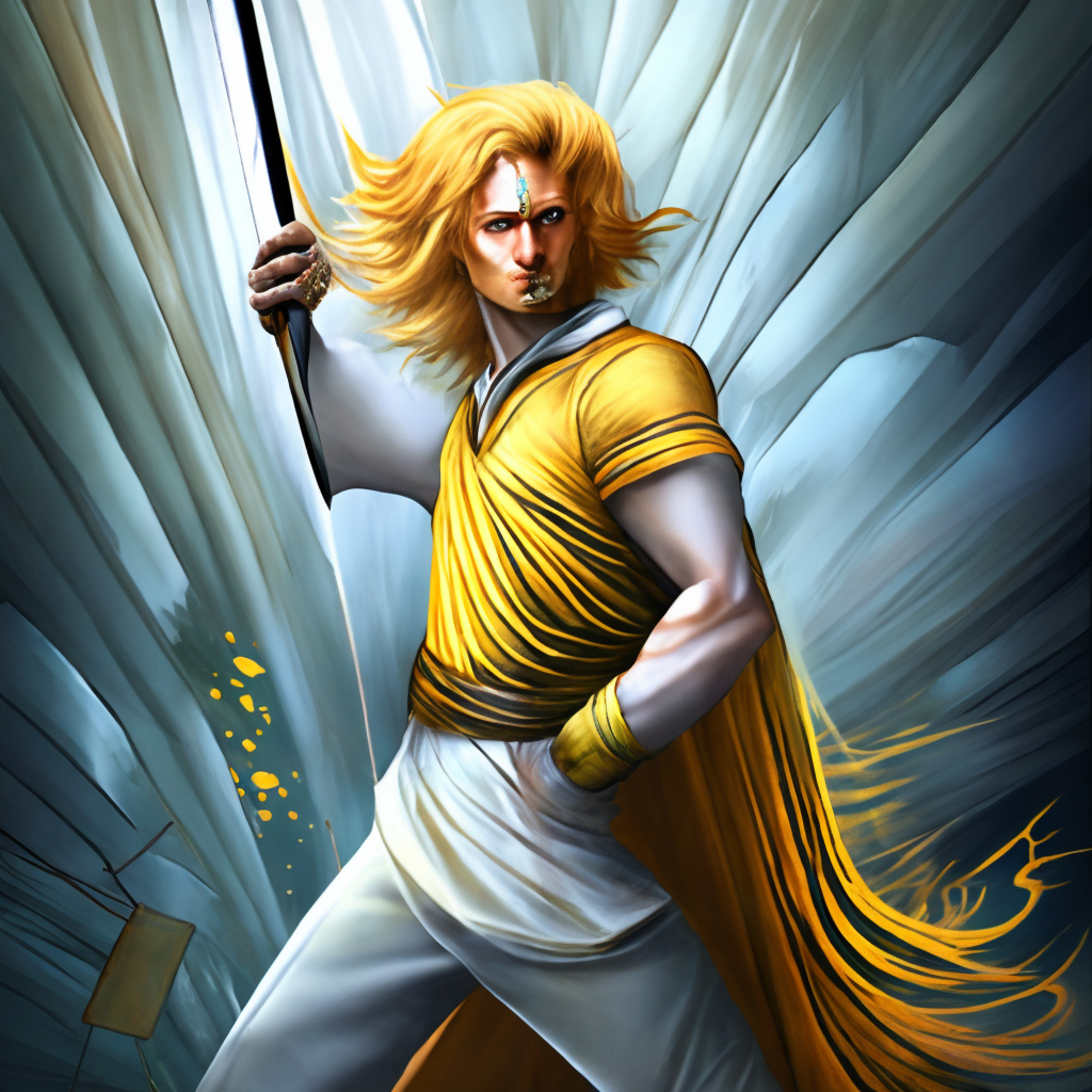 A tall boy with hello hair wearing yellow lightning colour holding a fine and long sword 