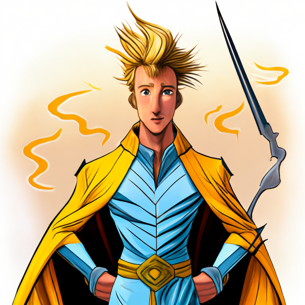 A tall boy with hello hair wearing yellow lightning colour holding a fine and long sword 