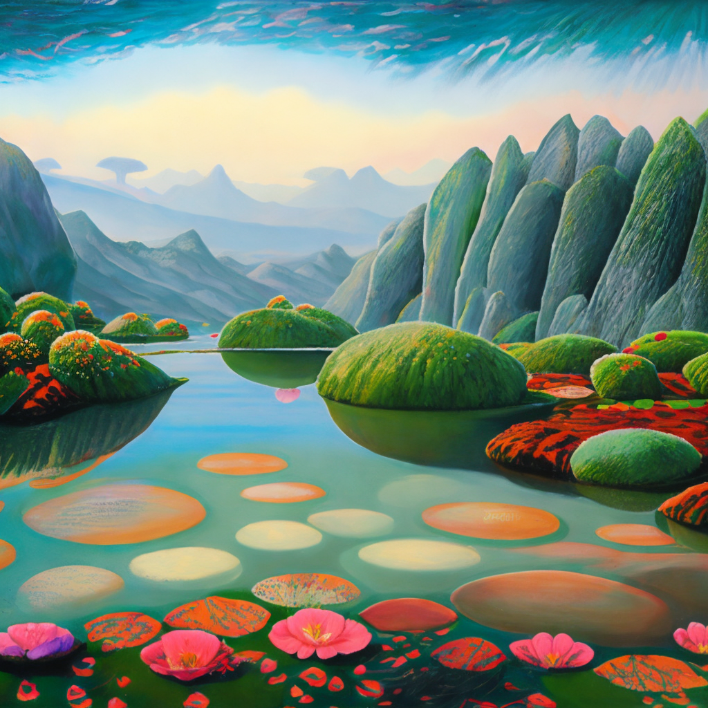 Tropical flower garden, oasis, stream, pond, lilly pads, lotus flowers, orchids, a rocky mountain range of New Europa, Terraformed Landscape, Roger Dean