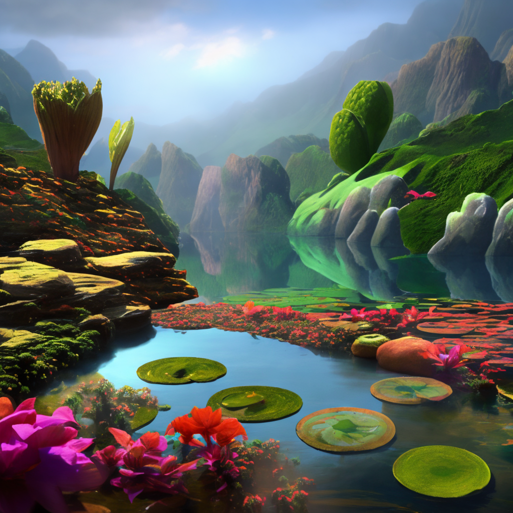 Tropical flower garden, oasis, stream, pond, lilly pads, lotus flowers, orchids, a rocky mountain range of New Europa, Terraformed Landscape, Roger Dean
