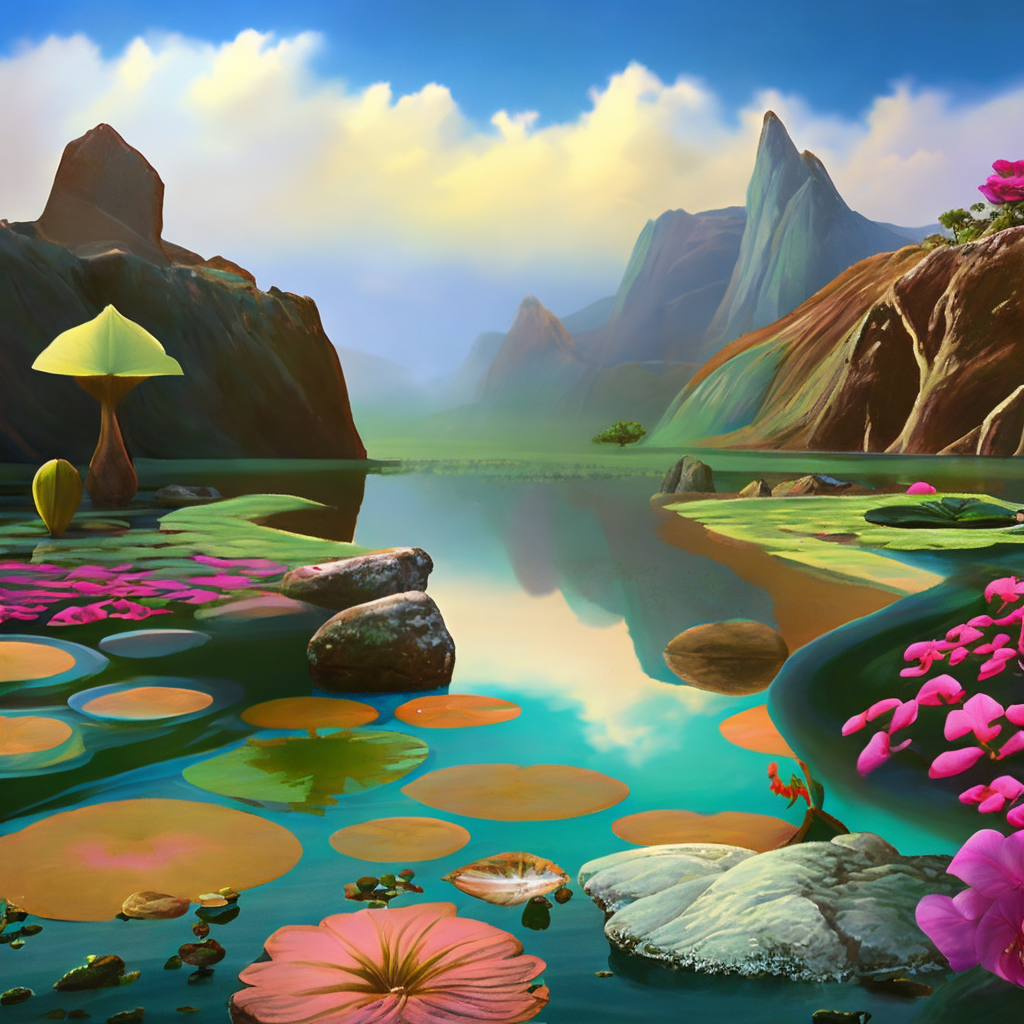 Tropical flower garden, oasis, stream, pond, lilly pads, lotus flowers, orchids, a rocky mountain range of New Europa, Terraformed Landscape, Roger Dean