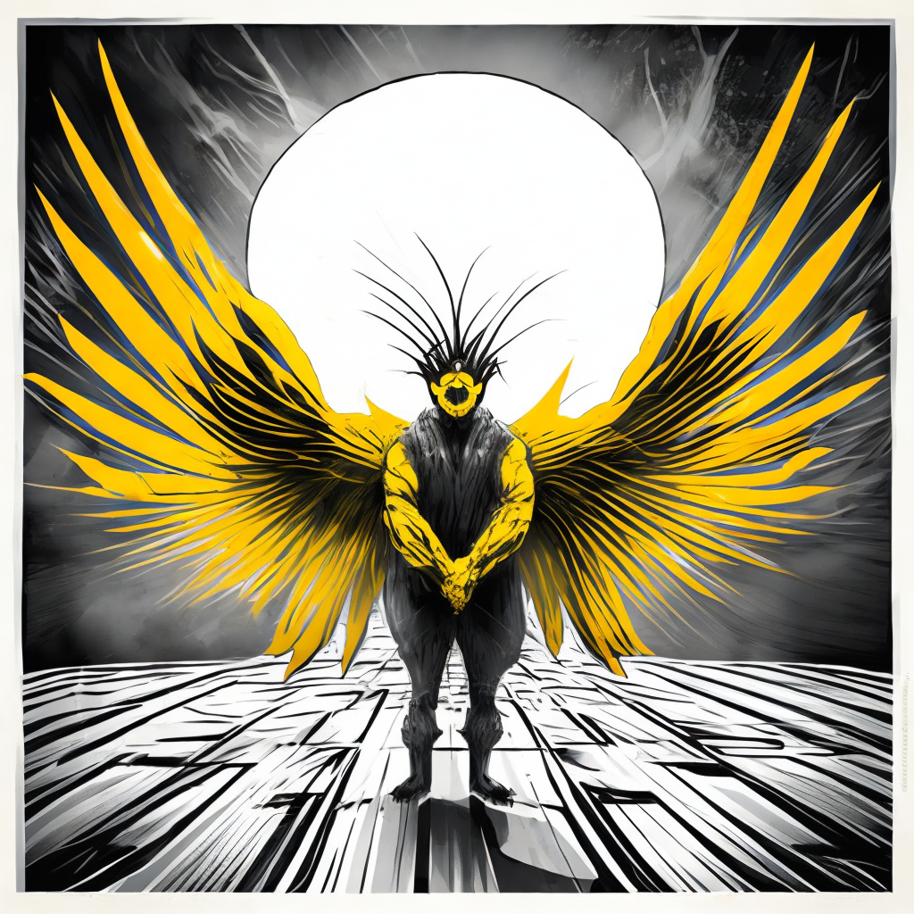 Black and white sketch of a giant monster like anime crane bird    and some yellow color effects, in the style of akira toriyama