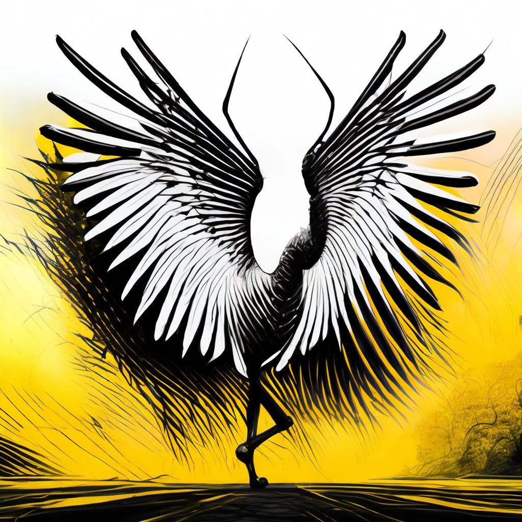 Black and white sketch of a giant monster like anime crane bird    and some yellow color effects, in the style of akira toriyama