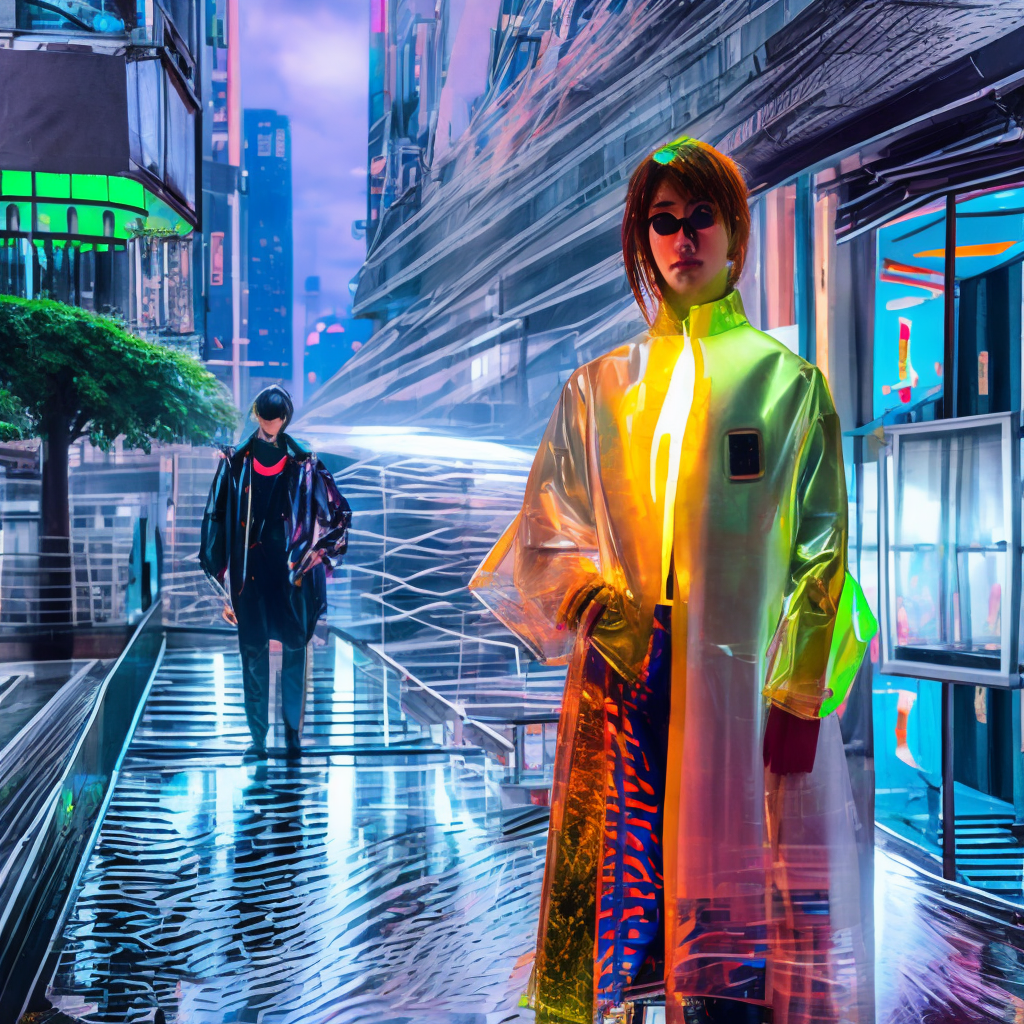 Kaori from akira wearing transparent raincoat, cyborg parts, rainy Neo Tokio photo shoot, cyberpunk