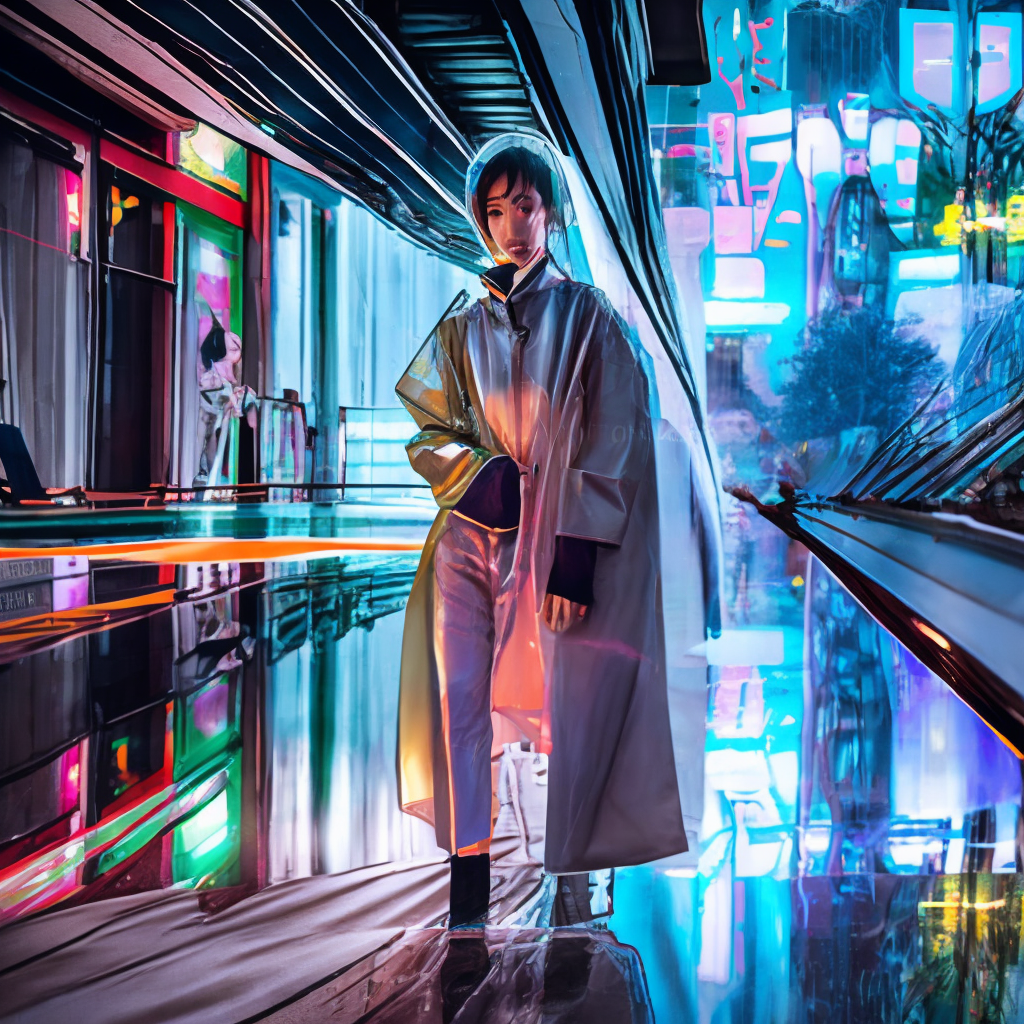 Kaori from akira wearing transparent raincoat, cyborg parts, rainy Neo Tokio photo shoot, cyberpunk