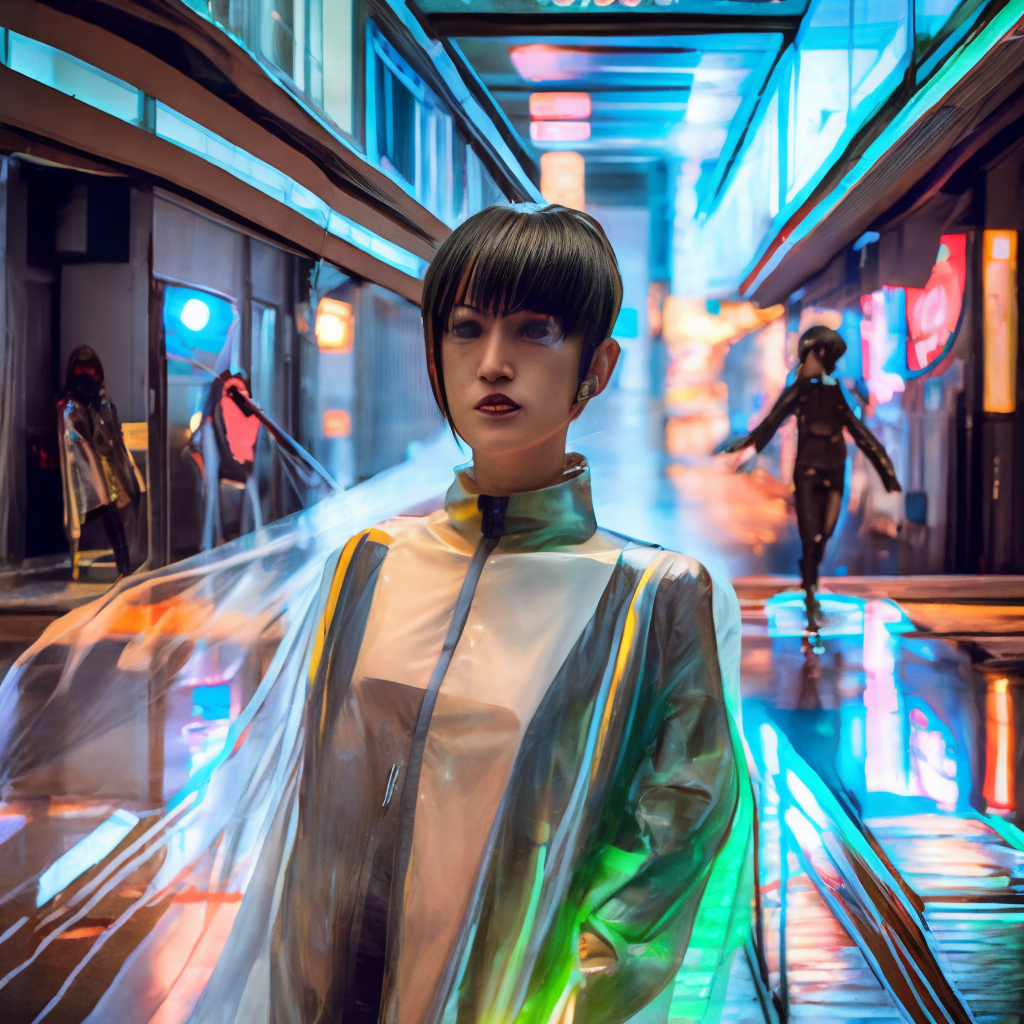 Kaori from akira wearing transparent raincoat, cyborg parts, rainy Neo Tokio photo shoot, cyberpunk