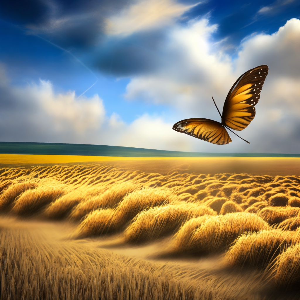 A wheat field with one butterfly flying above it