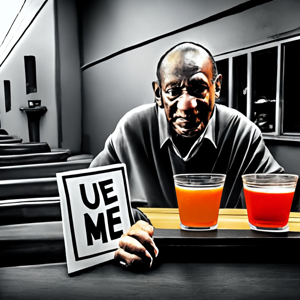 Bill cosby with a sign behind that says drinks on me.