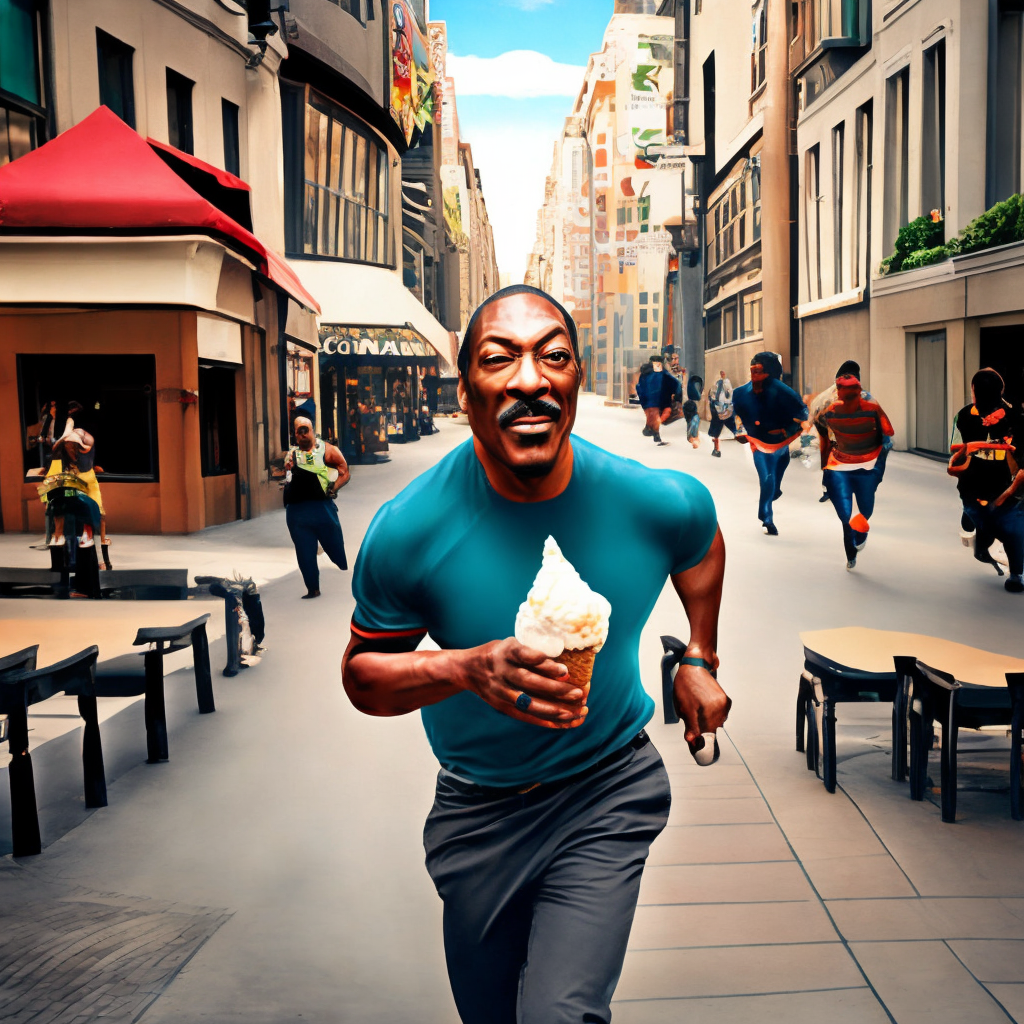 a picture of Eddie murphy running down the street eating ice cream
