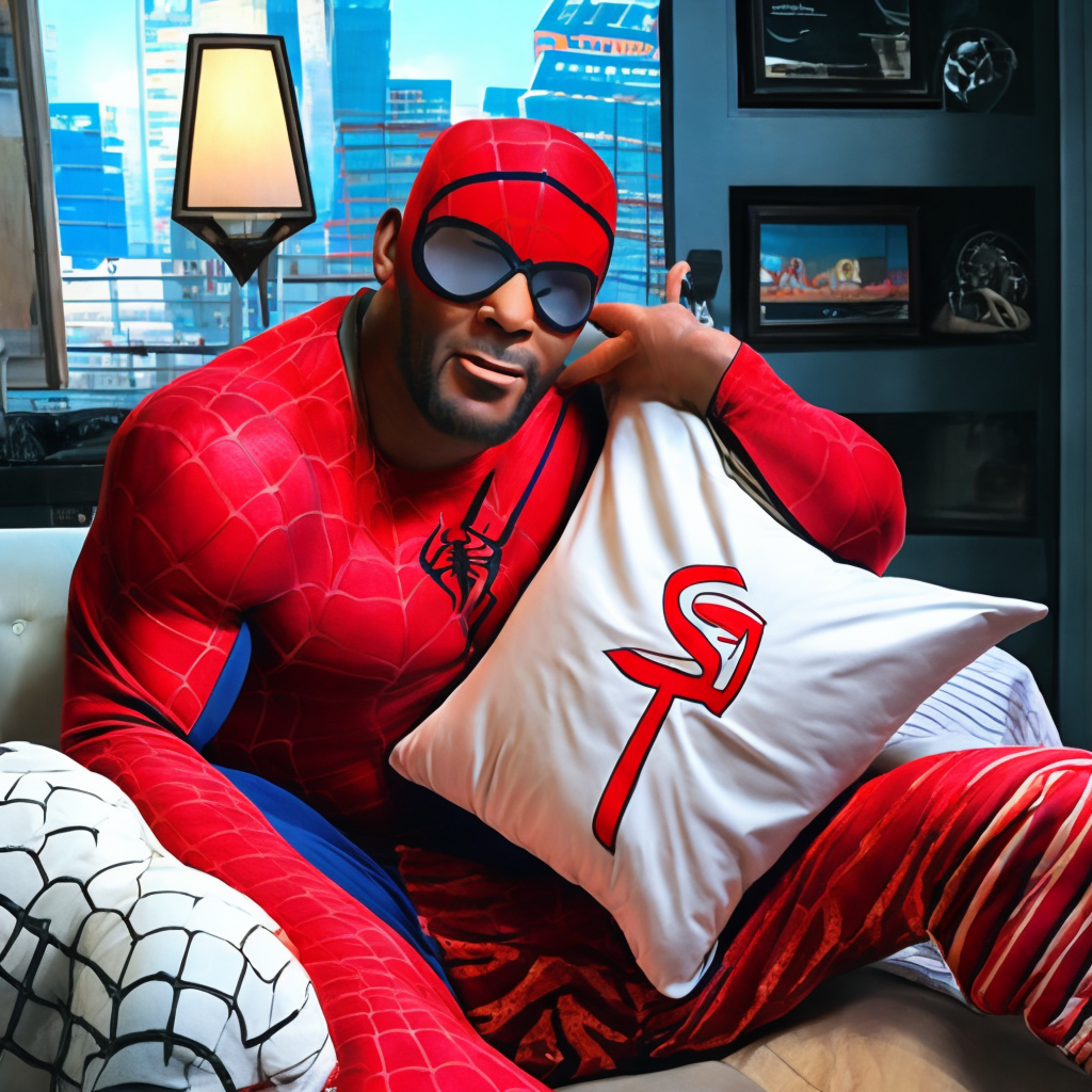 a picture of r kelly in spider man pajamas and holding a pillow.
