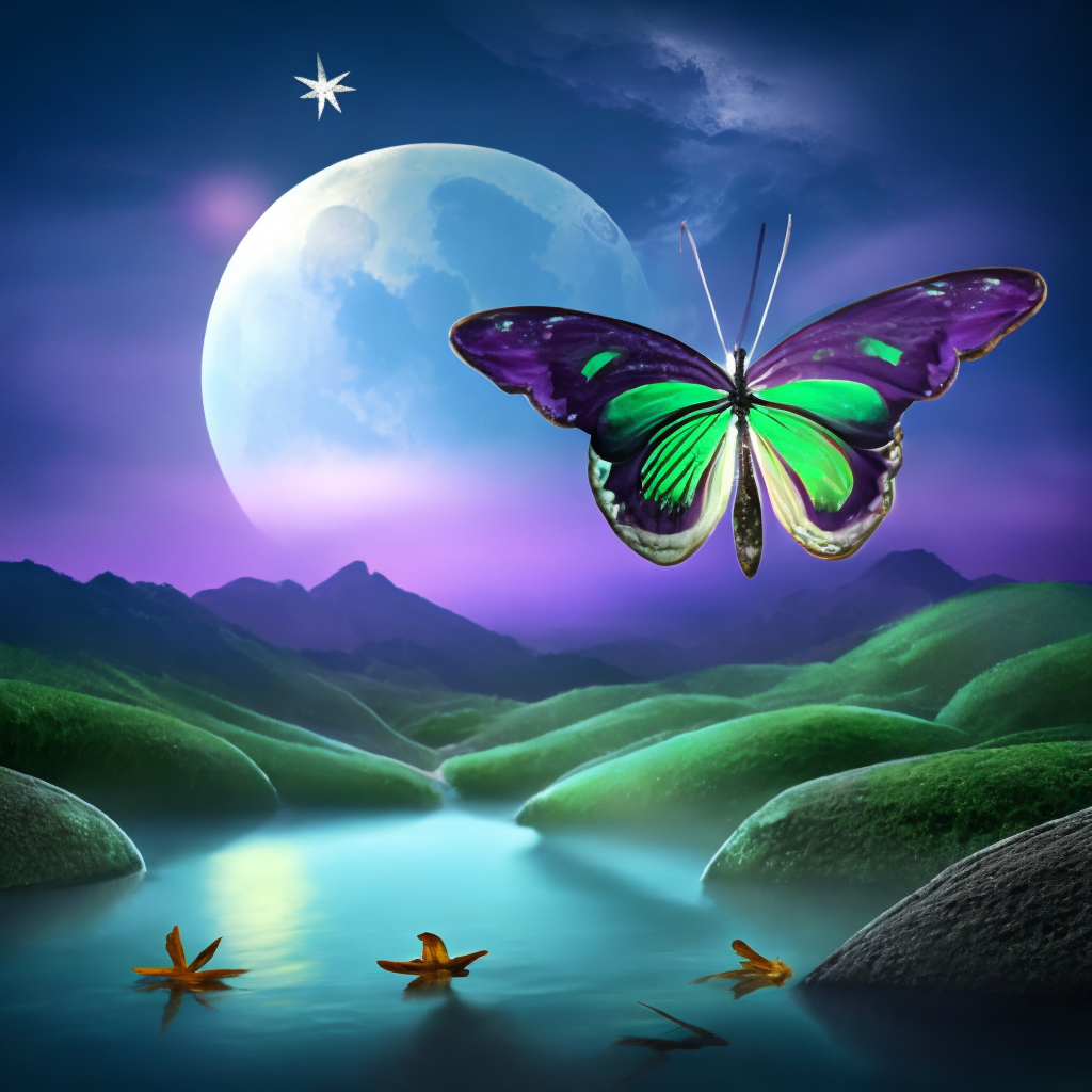 A purple and water green butterfly in the starry night sky with the full moon